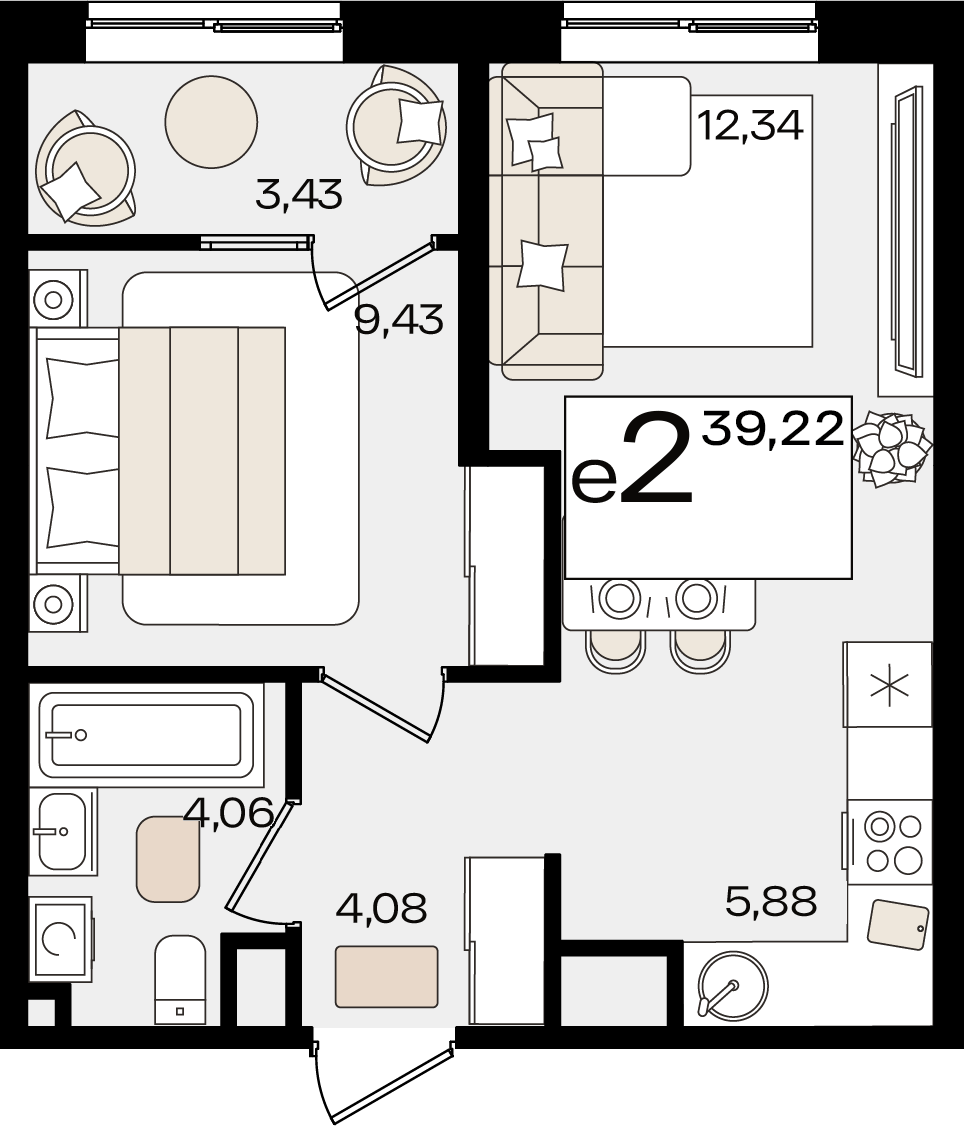 Планировка 2-комнатная 39,22 м²