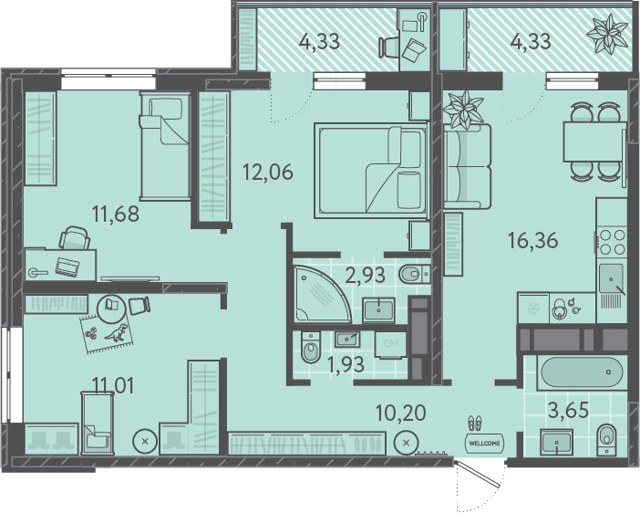 Планировка: 3-комн. квартира 72,1 м²