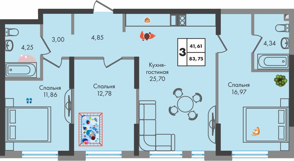 Планировка 3-комнатная 84,7 м²