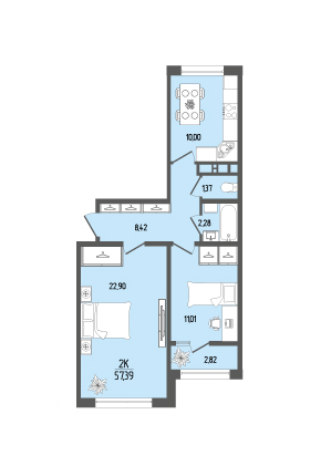 Планировка 2-комнатная 57,39 м²