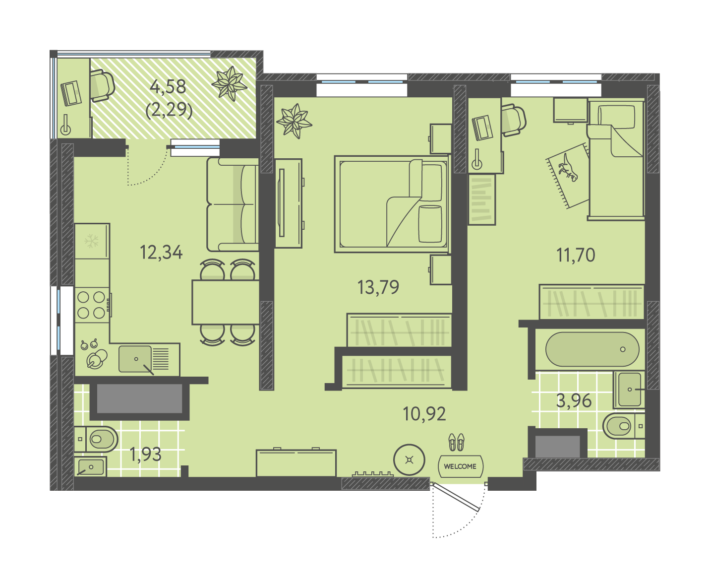 Планировка 2-комнатная 56,93 м²