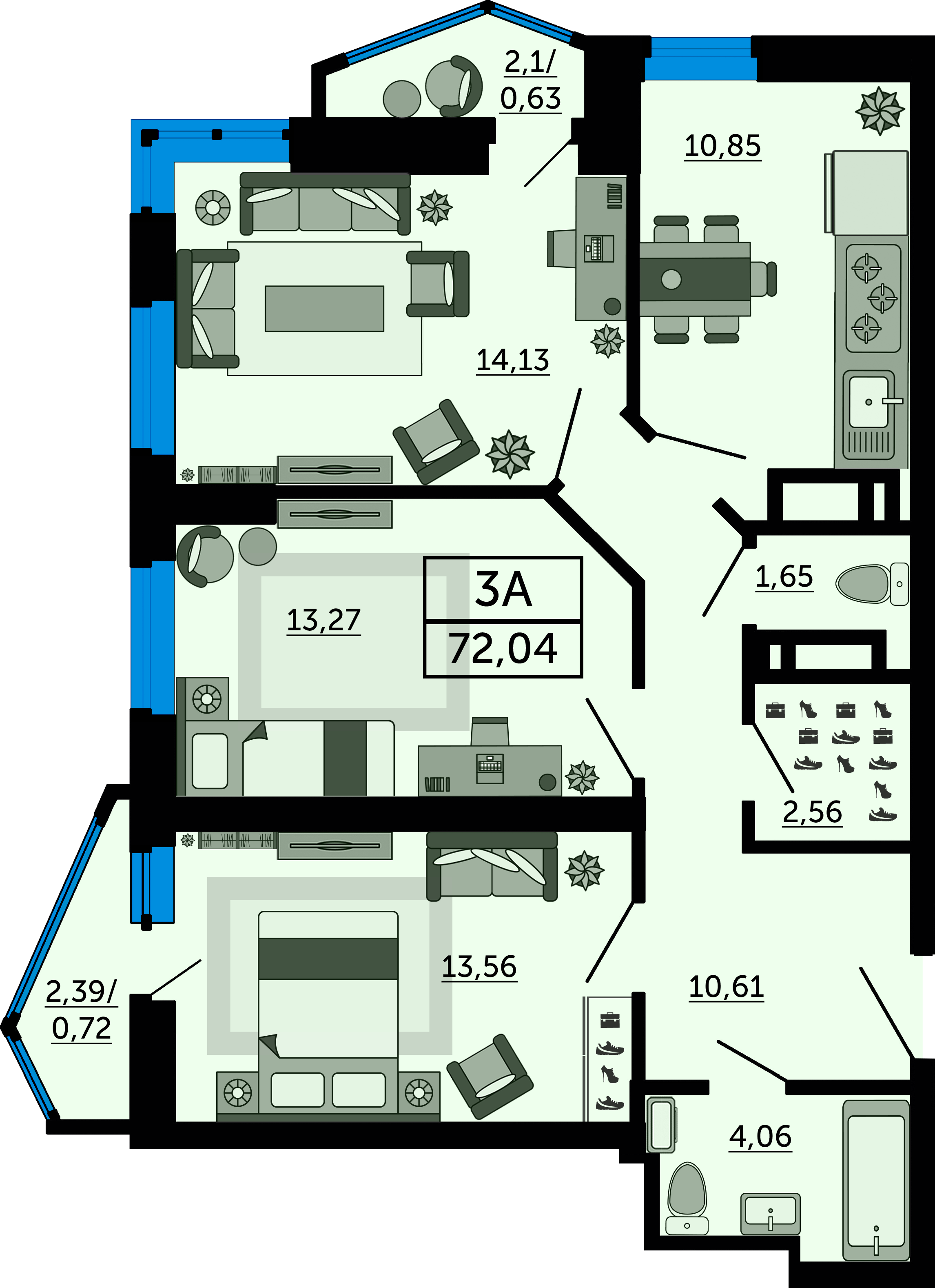 Планировка 3-комнатная 72,04 м²