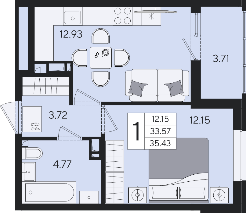 Планировка 1-комнатная 35,43 м²