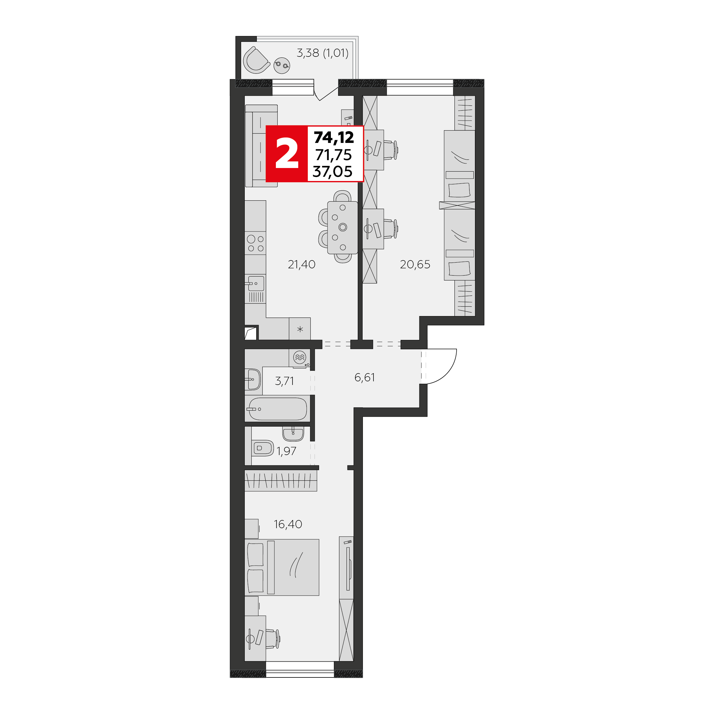 Планировка 3-комнатная 71,75 м²