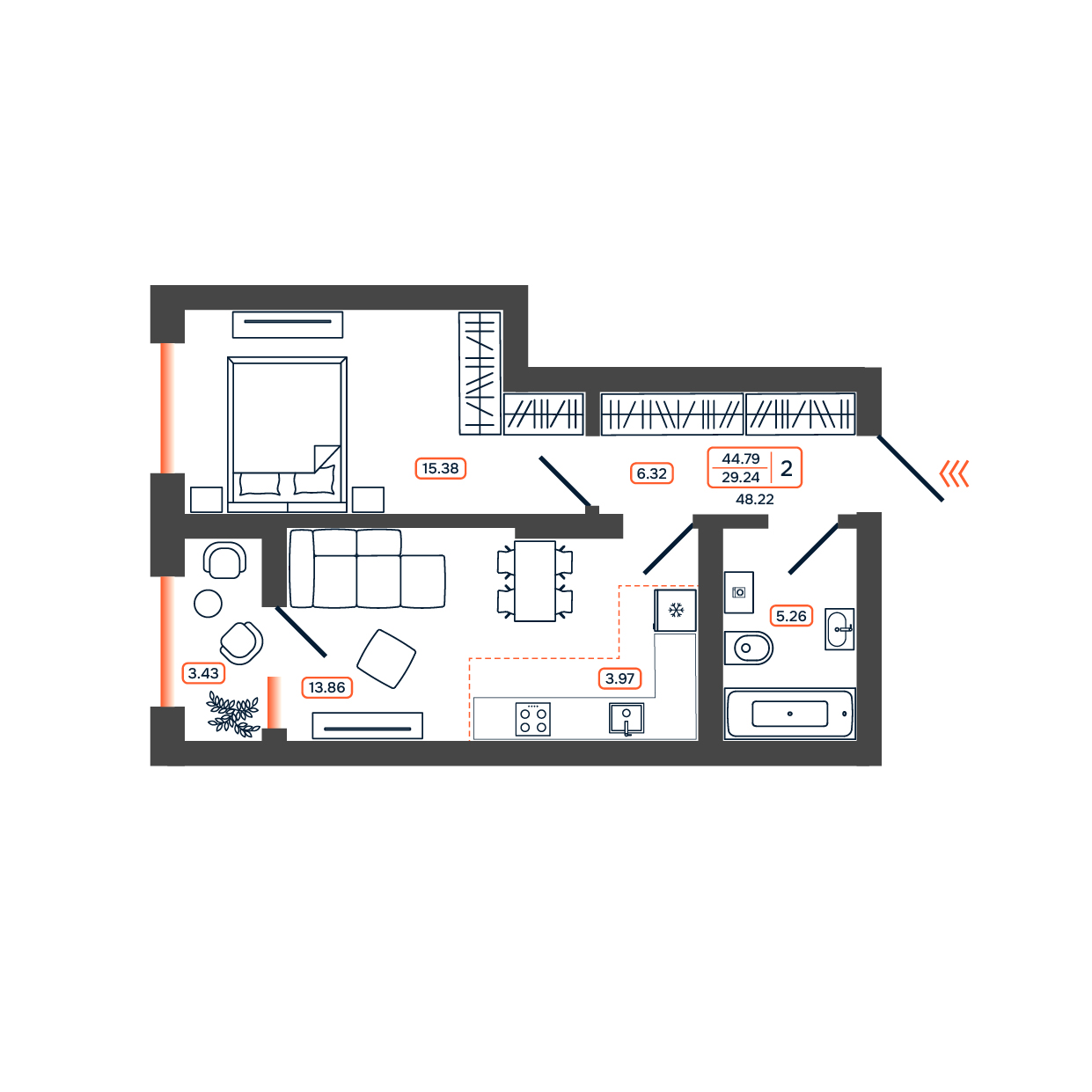 Планировка: 2-комн. квартира 48,2 м²