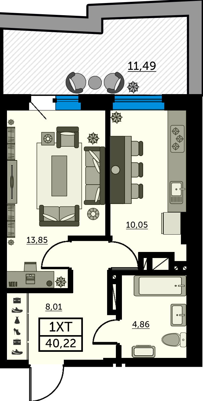 Планировка 1-комнатная 40,3 м²