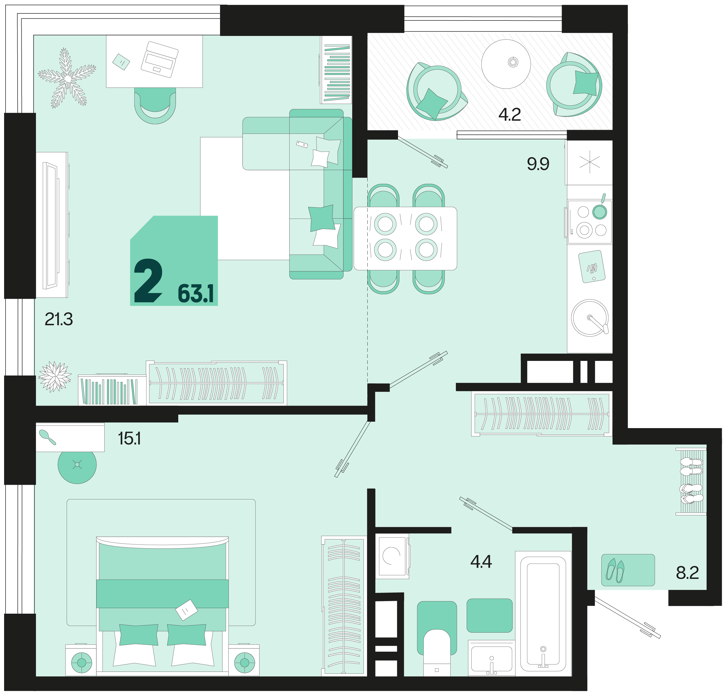 Планировка 2-комнатная 63,1 м²