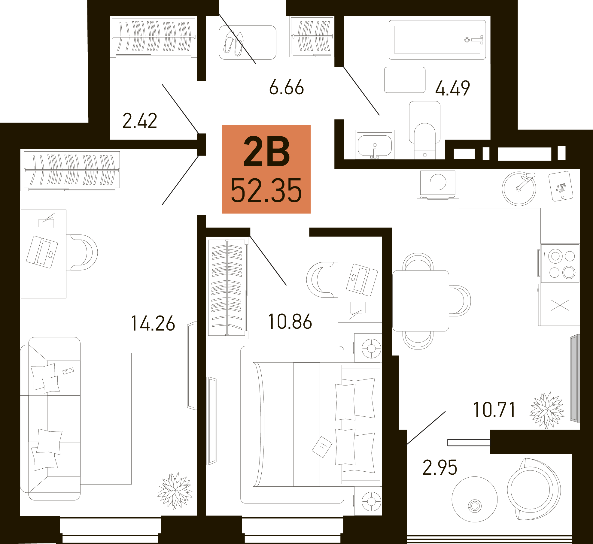 Планировка 2-комнатная 52,35 м²