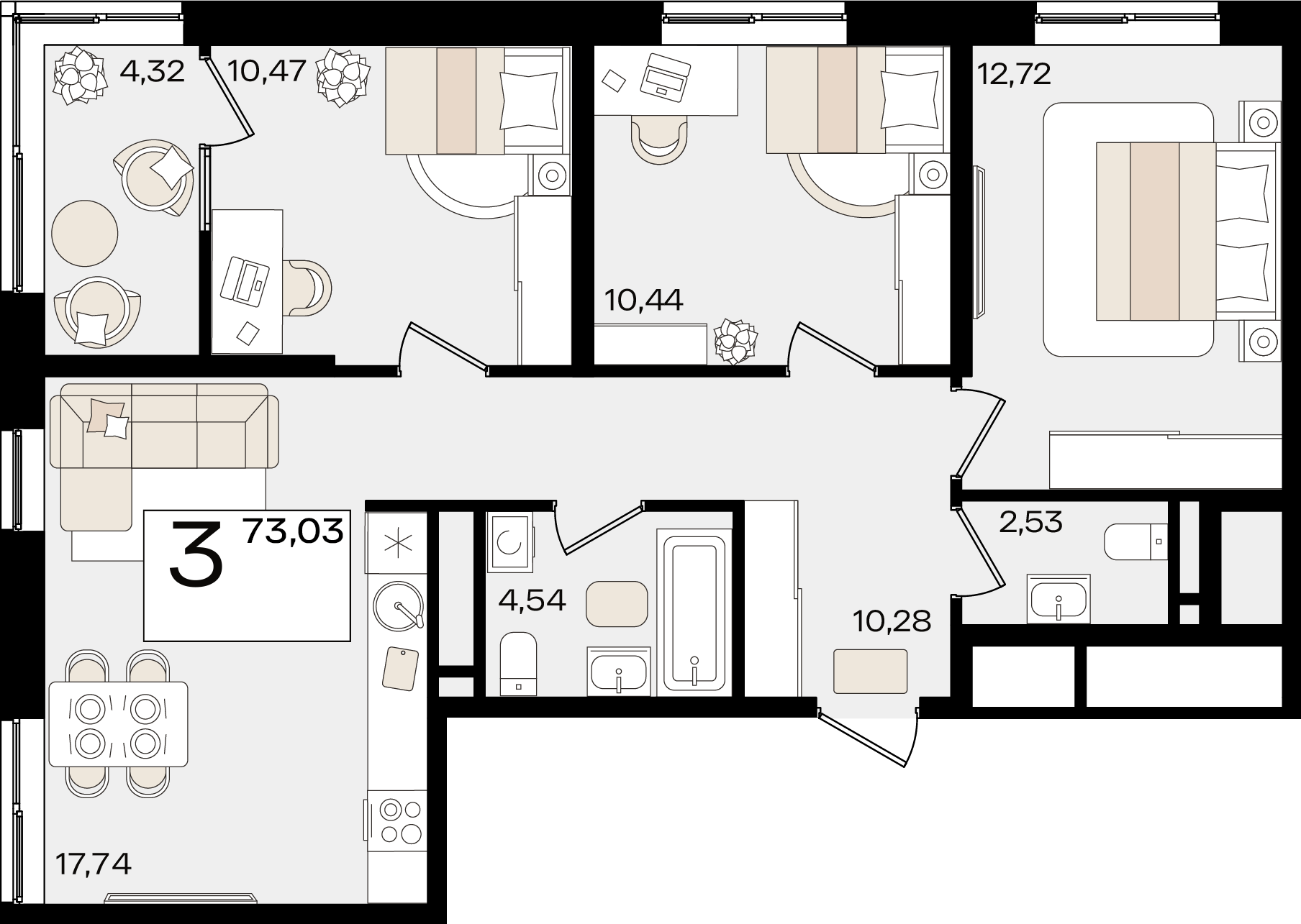 Планировка 3-комнатная 73,03 м²
