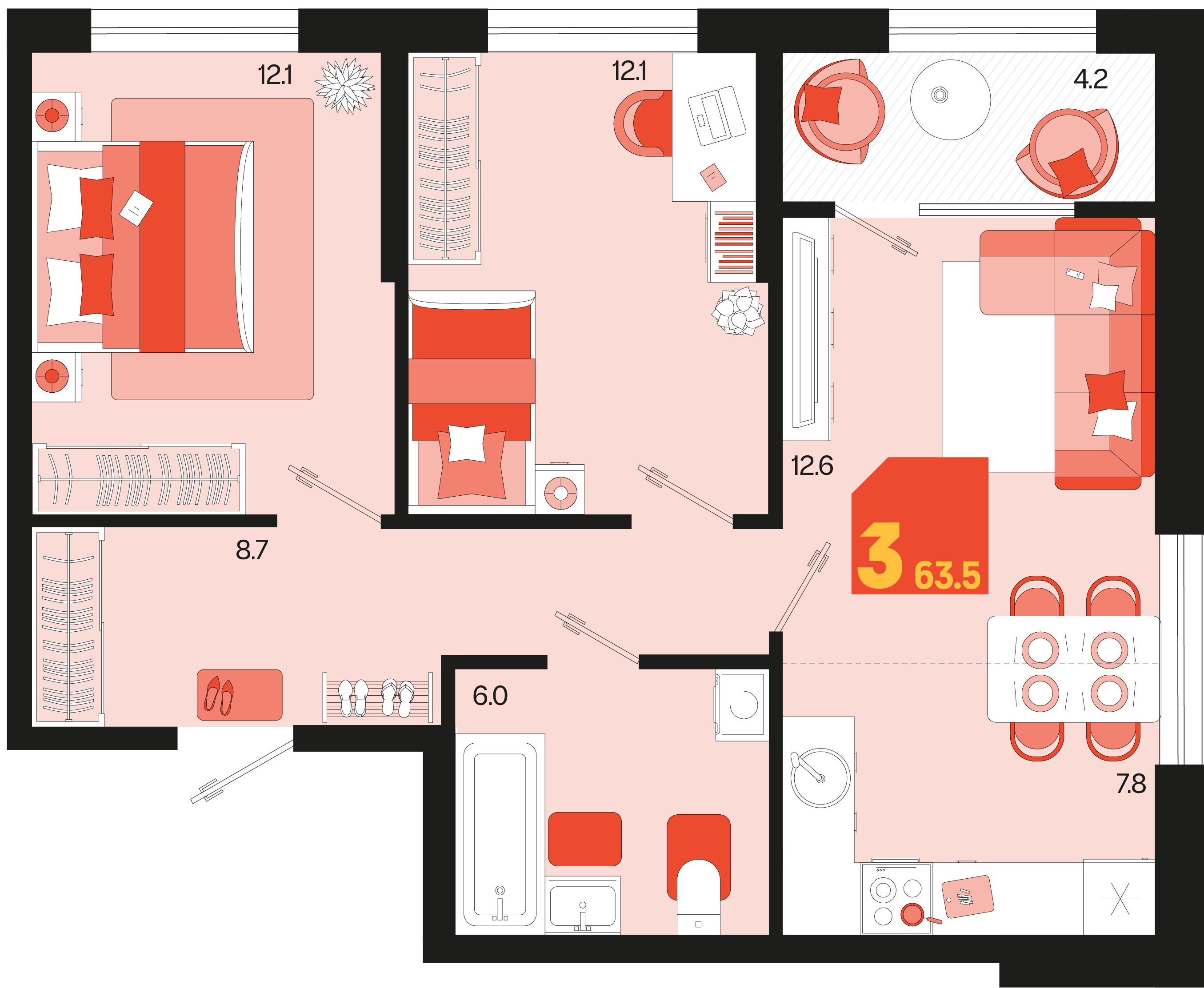 Планировка 3-комнатная 63,5 м²