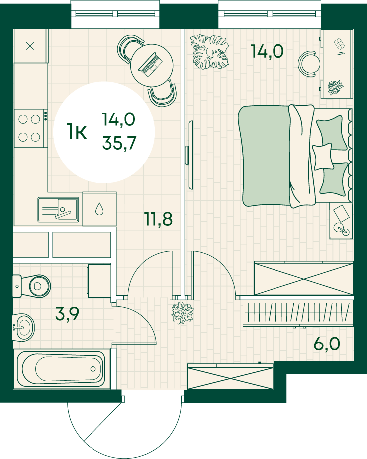 Планировка 1-комнатная 35,7 м²
