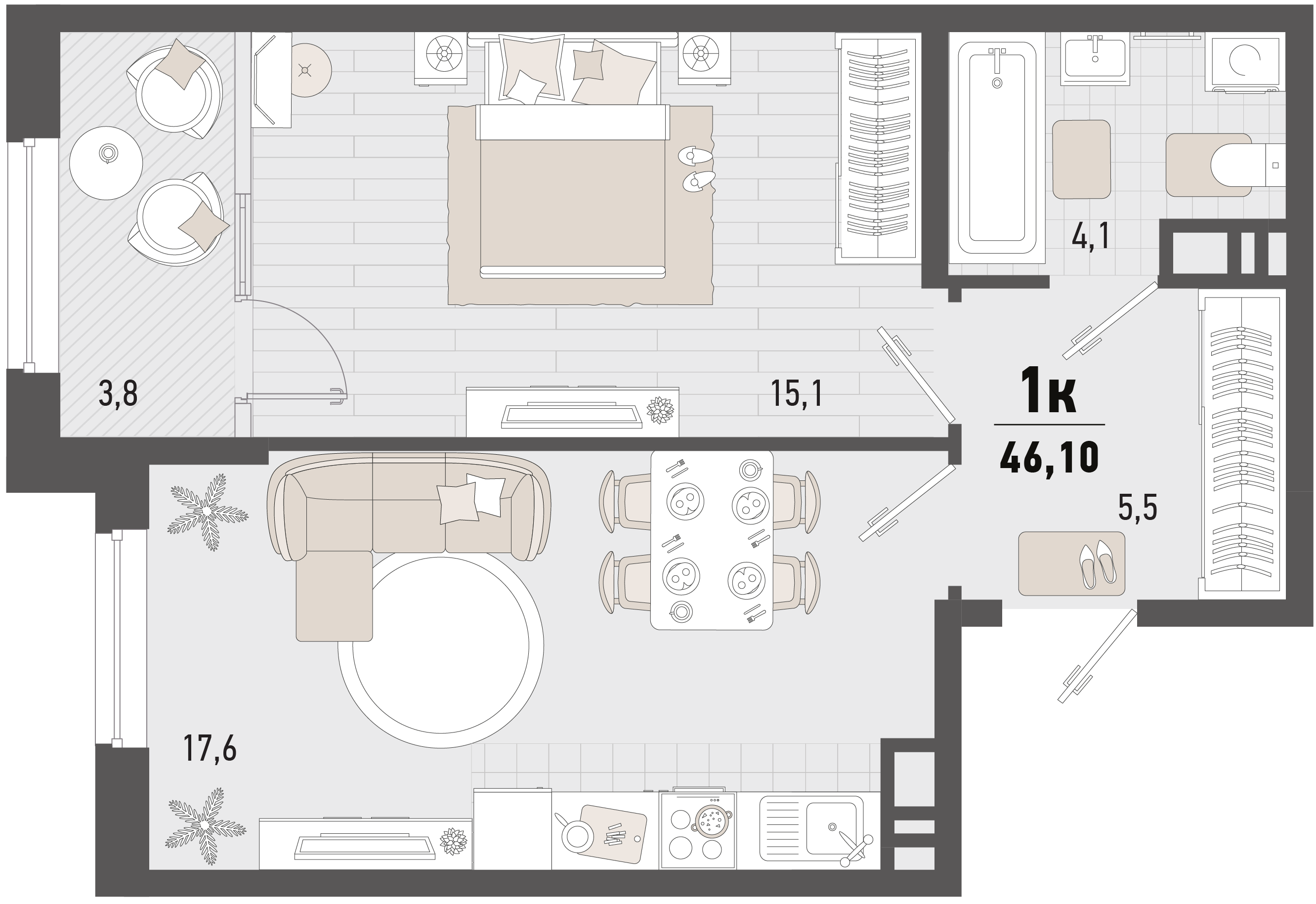 Планировка 1-комнатная 46,1 м²