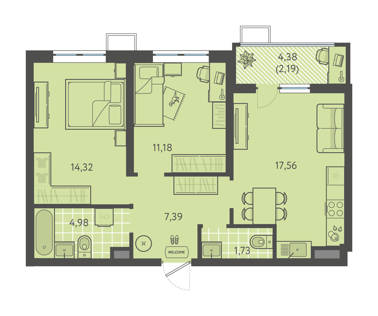 Планировка: 2-комн. квартира 59,4 м²
