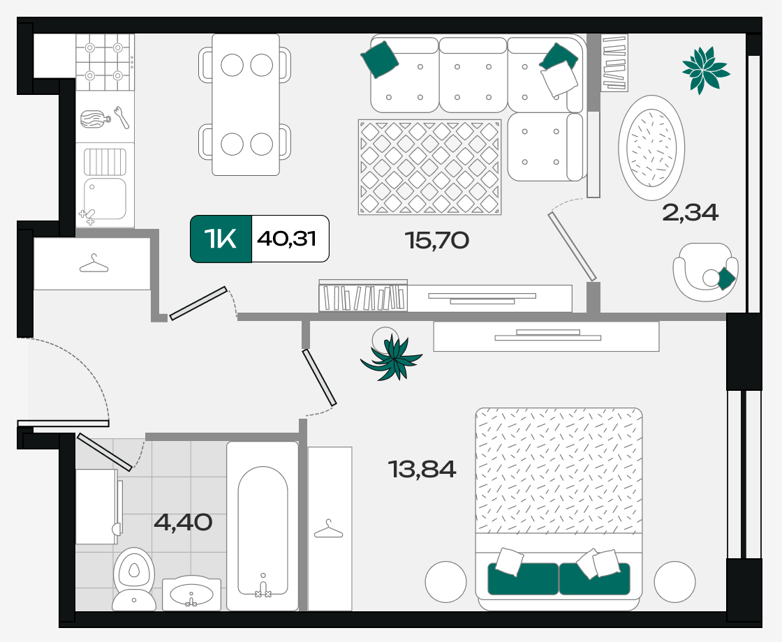 Планировка: 1-комн. квартира 40,3 м²