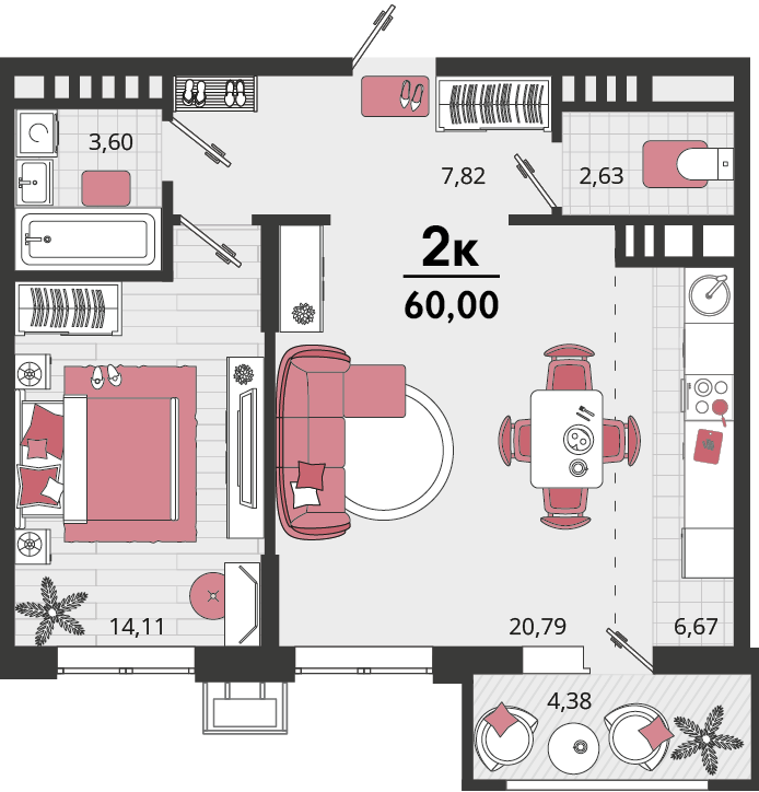 Планировка 2-комнатная 60 м²