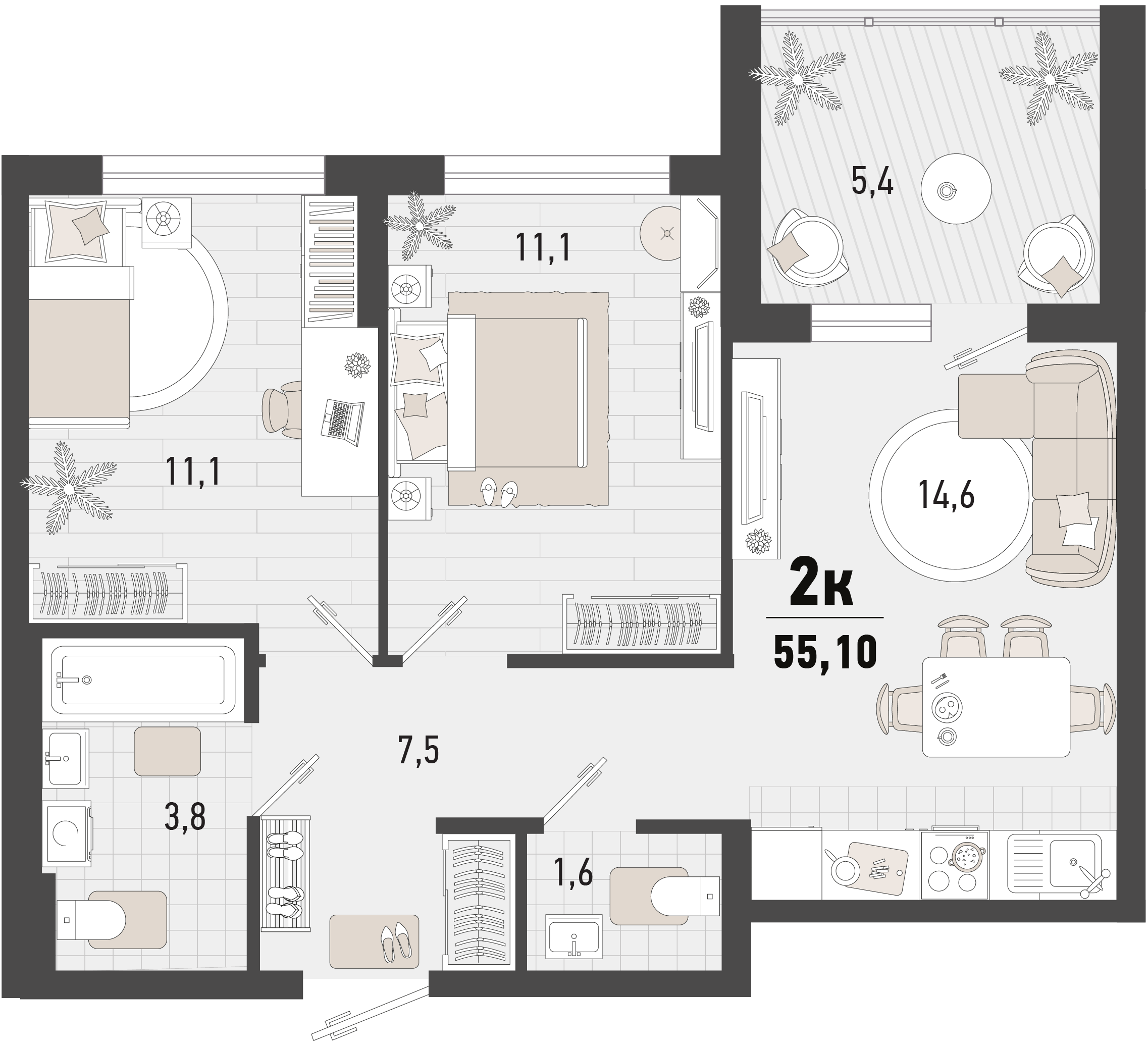Планировка 2-комнатная 55,1 м²