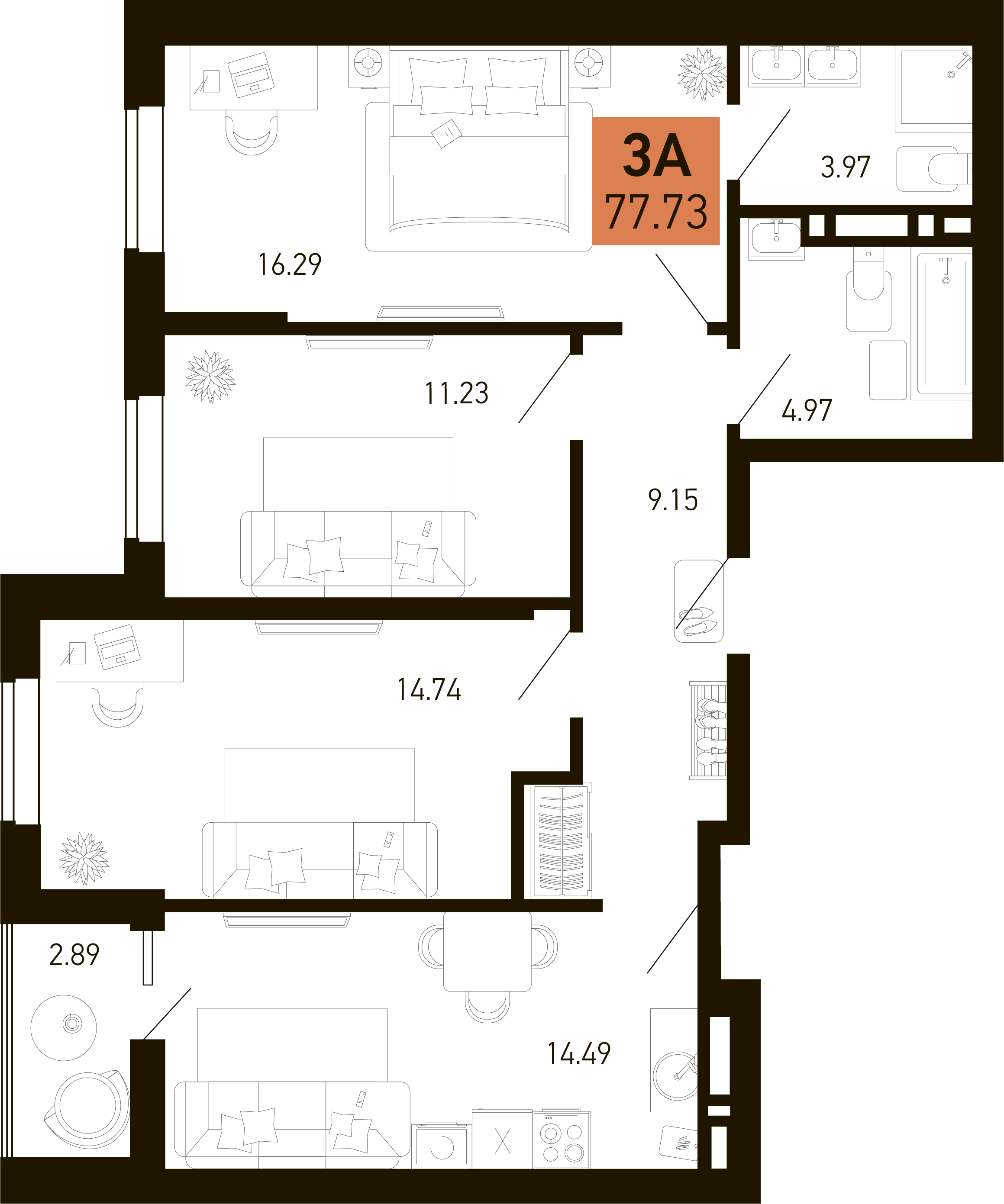 Планировка 3-комнатная 77,73 м²
