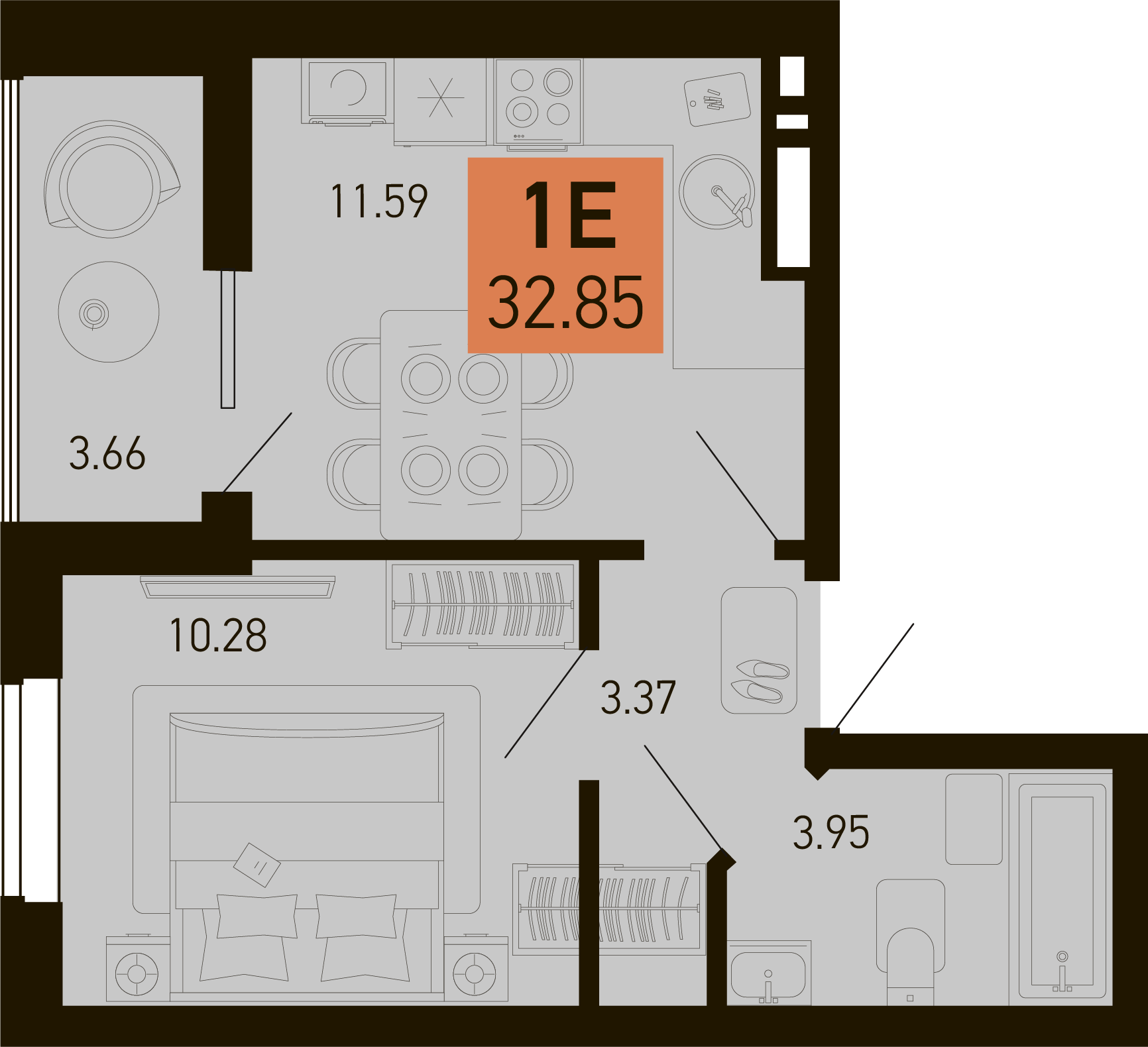 Планировка 1-комнатная 32,85 м²