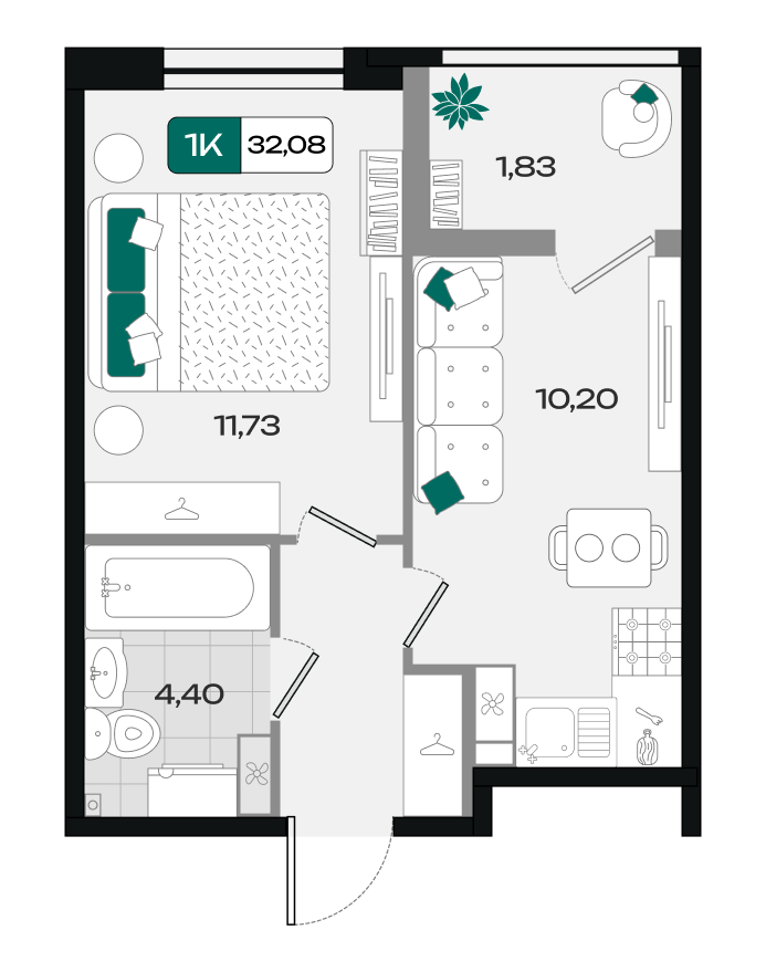 Планировка 1-комнатная 32,08 м²