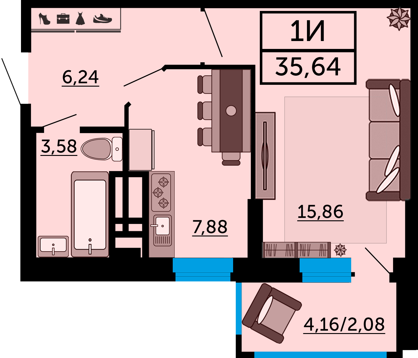 Планировка 1-комнатная 36,3 м²