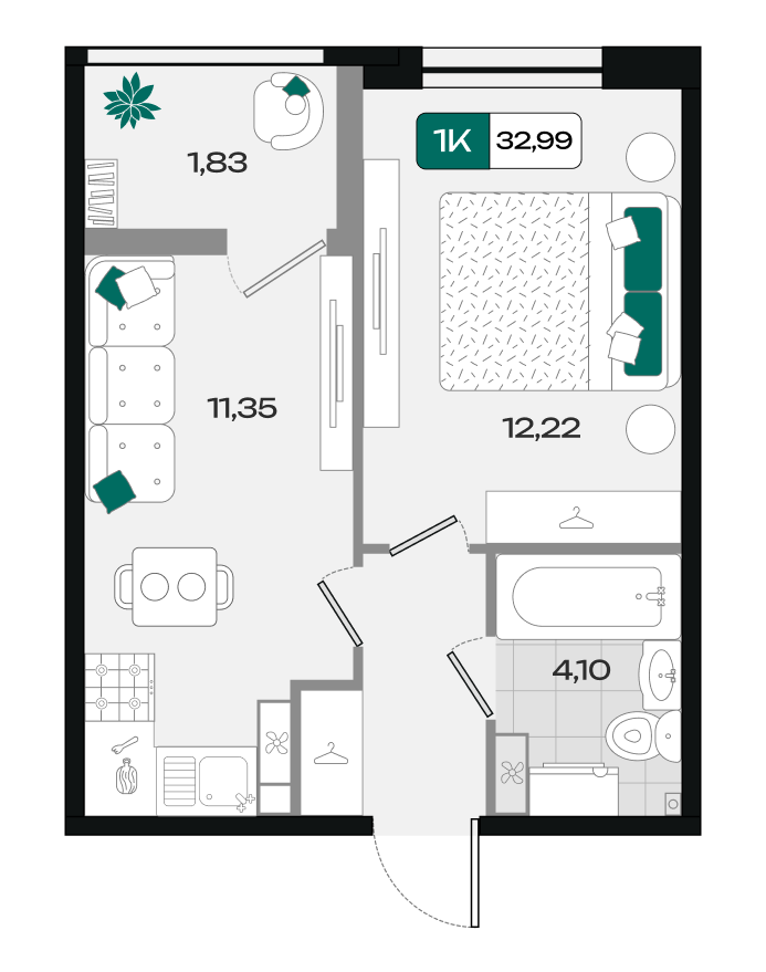 Планировка: 1-комн. квартира 33 м²