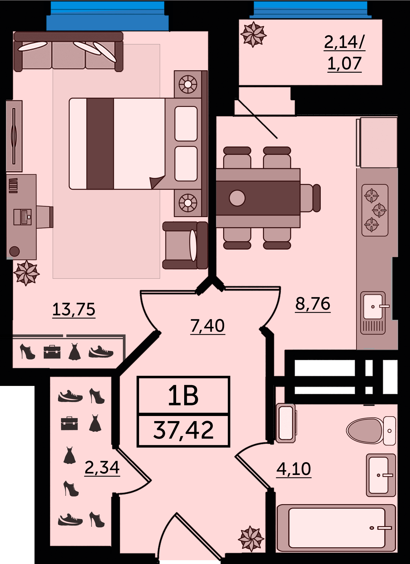 Планировка 1-комнатная 37,42 м²