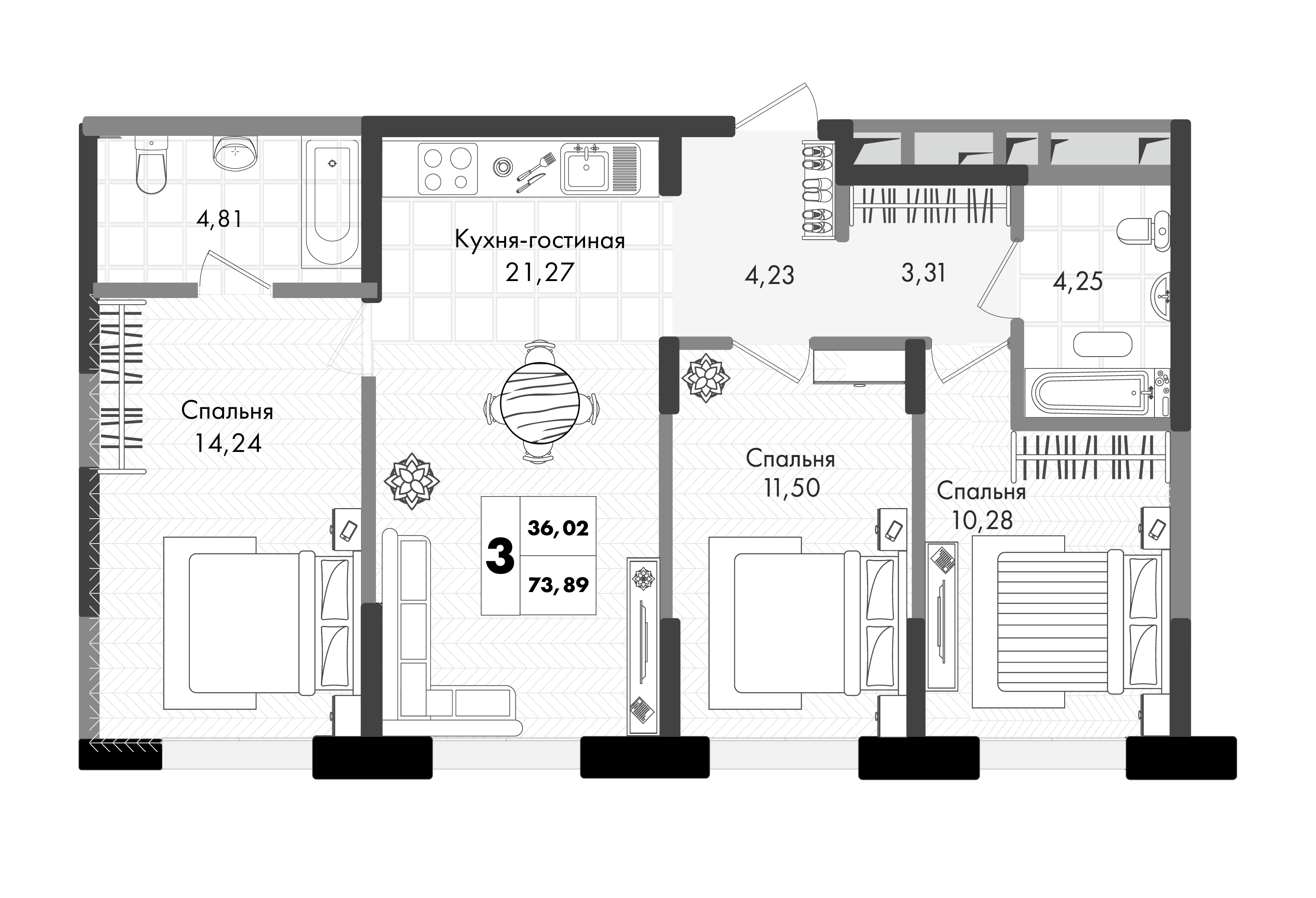 Планировка 3-комнатная 73,89 м²