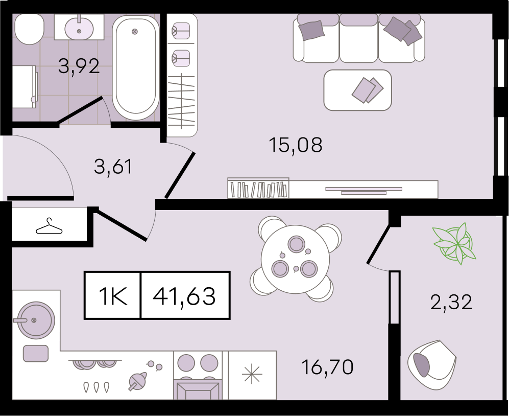 Планировка: 1-комн. квартира 41,6 м²