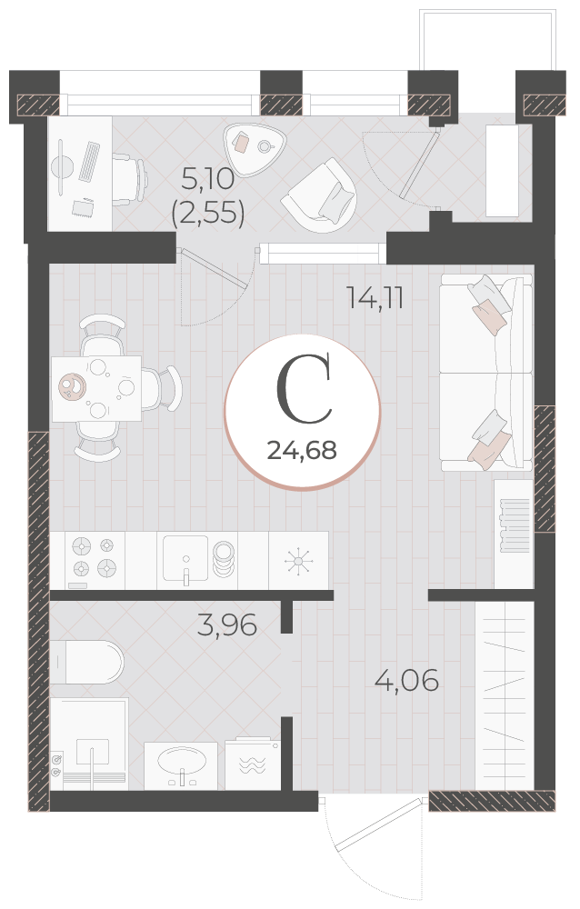 Планировка: Студия 24,7 м²