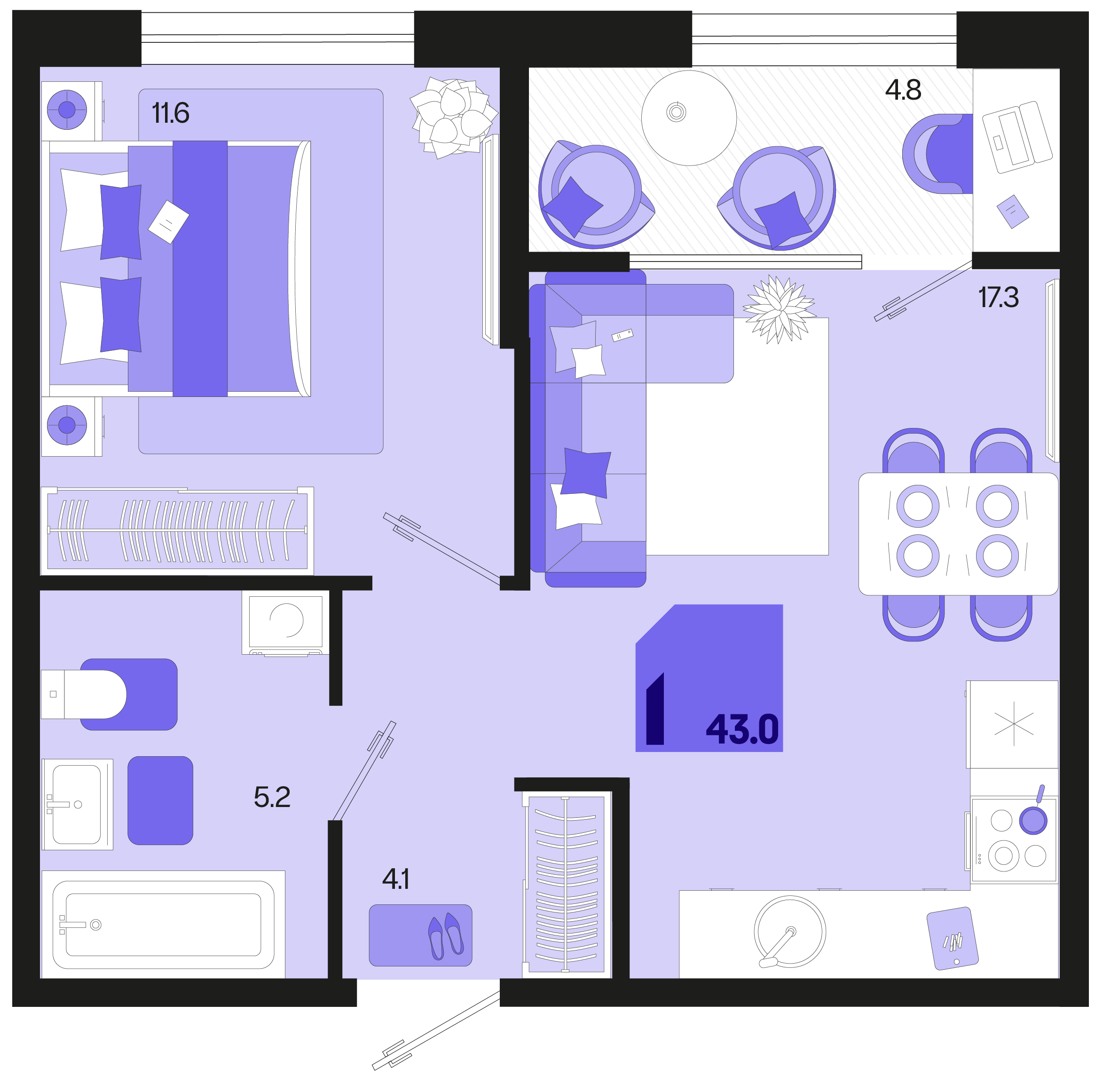 Планировка 1-комнатная 43 м²