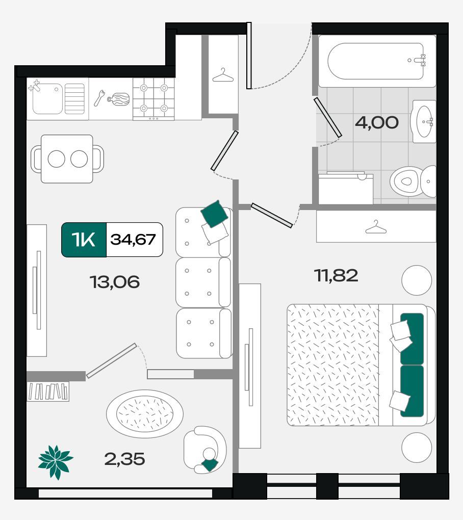 Планировка: 1-комн. квартира 34,7 м²