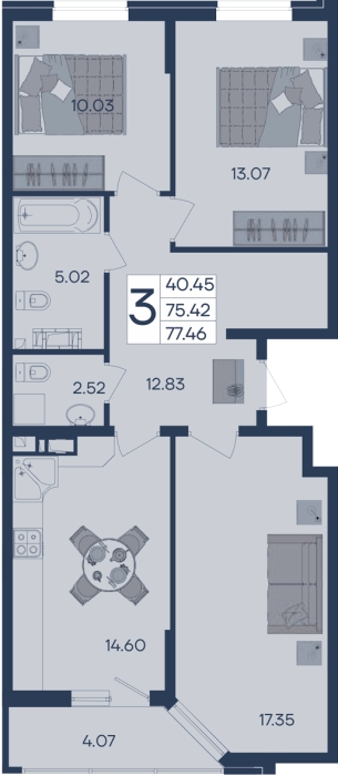 Планировка 3-комнатная 77,46 м²