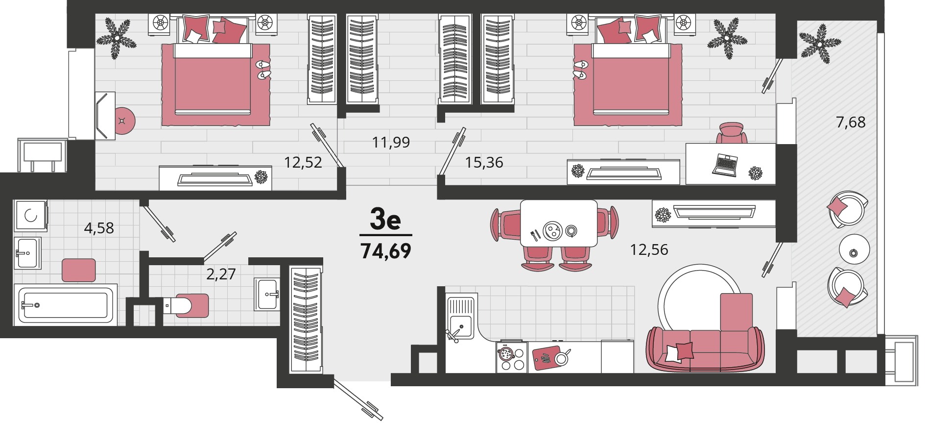 Планировка 3-комнатная 74,69 м²