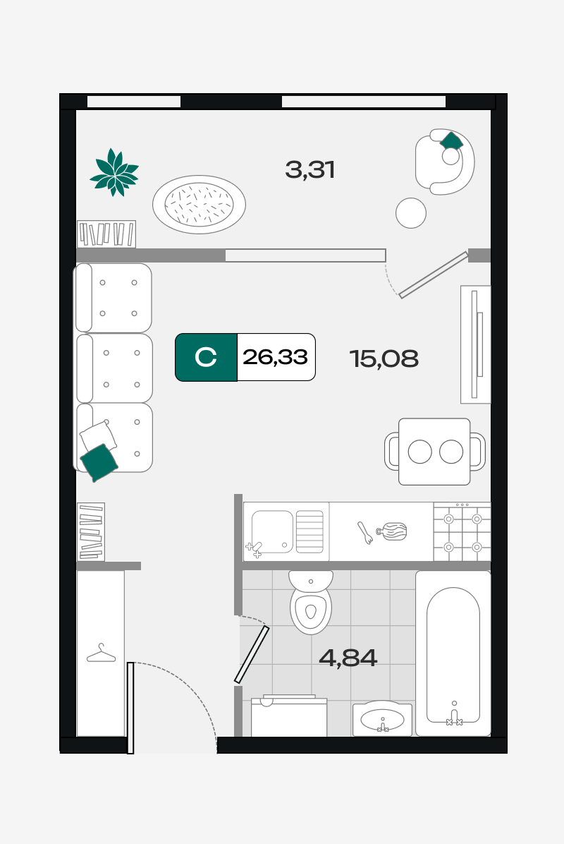 Планировка: Студия 26,3 м²