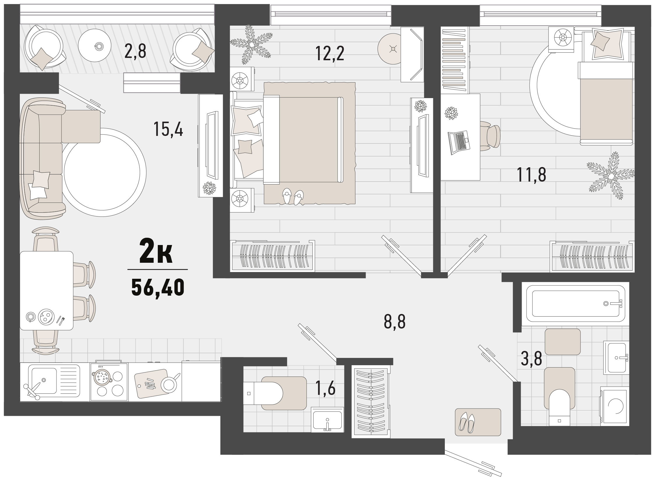 Планировка 2-комнатная 56,4 м²
