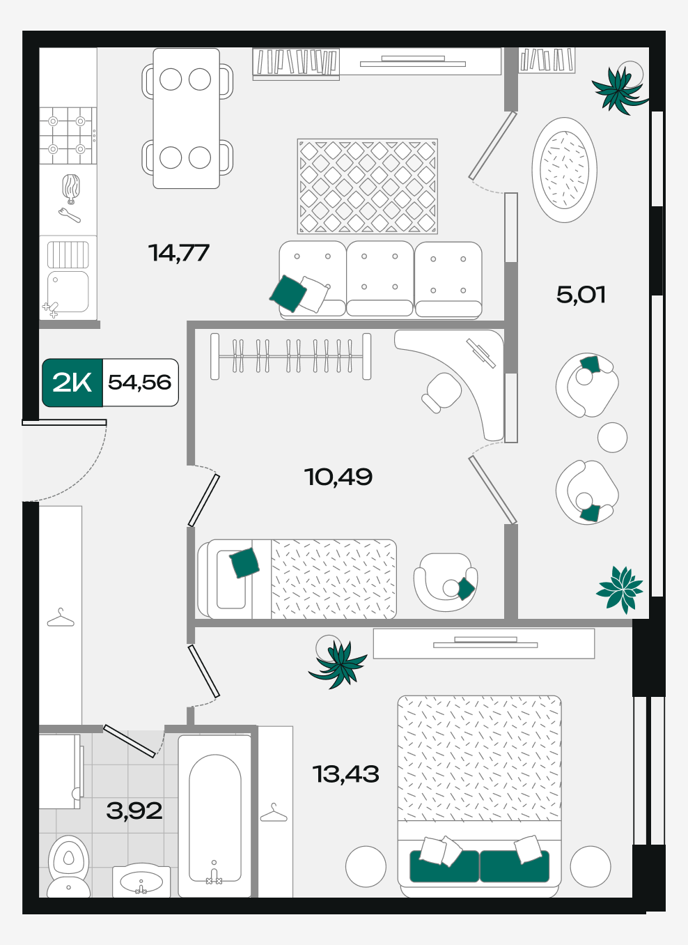 Планировка 2-комнатная 54,56 м²