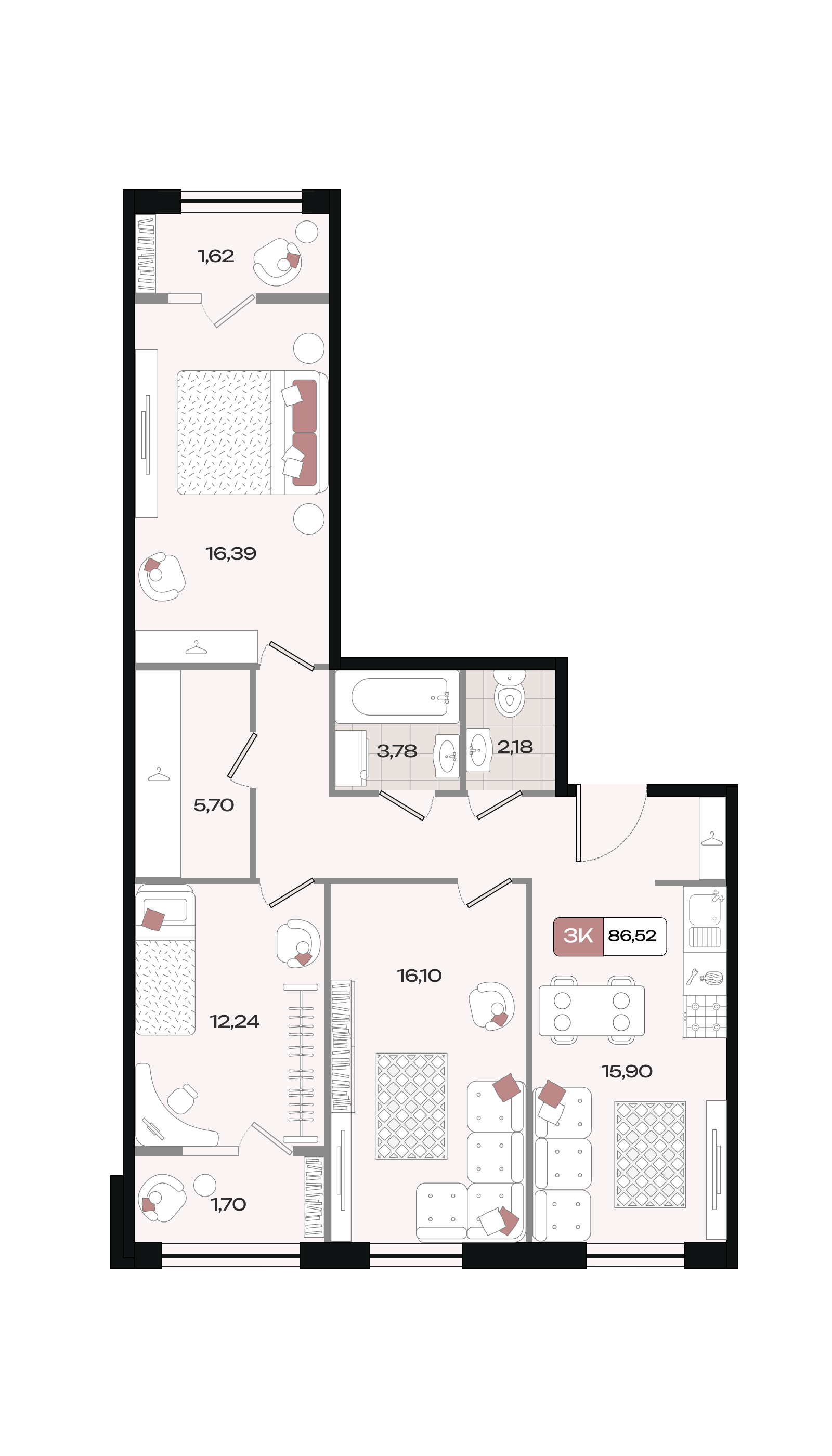 Планировка 3-комнатная 86,52 м²