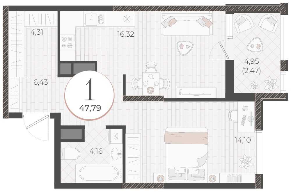 Планировка: 1-комн. квартира 47,8 м²