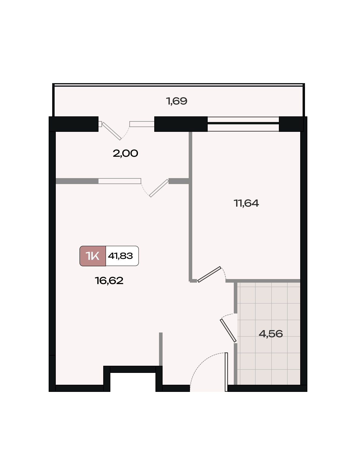 Планировка 1-комнатная 41,83 м²