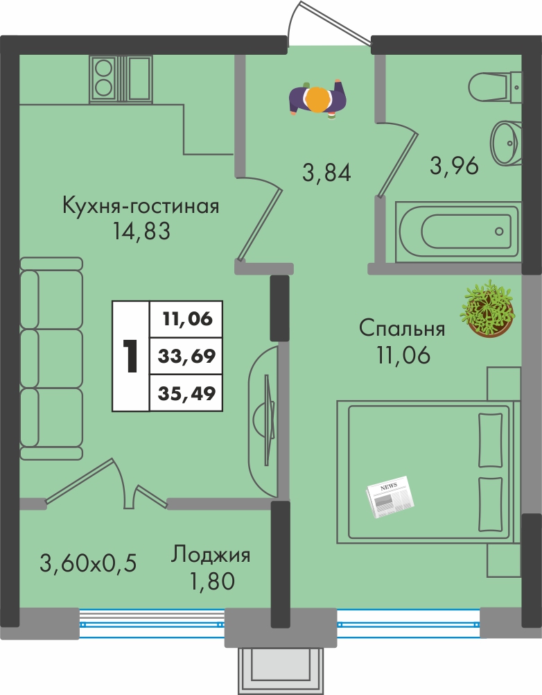 Планировка 1-комнатная 35,5 м²