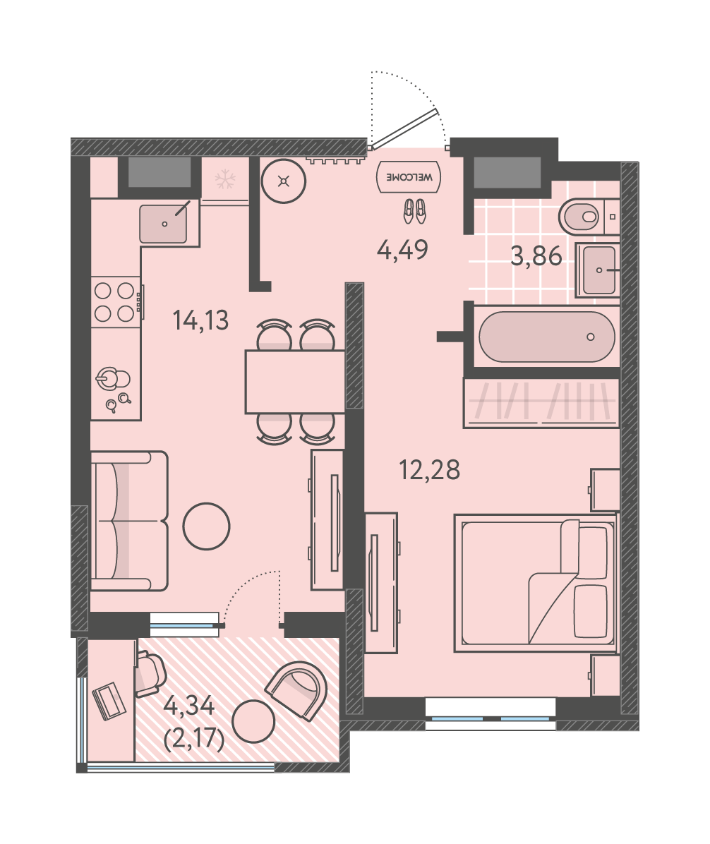 Планировка 1-комнатная 36,93 м²