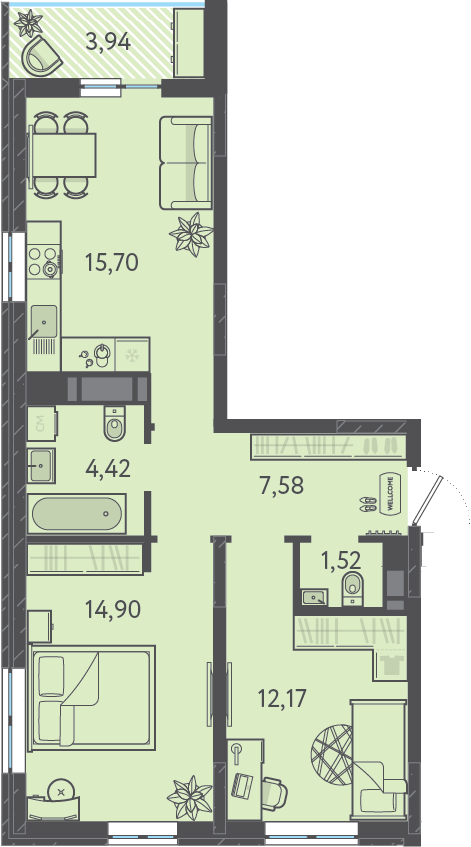 Планировка: 2-комн. квартира 57,7 м²