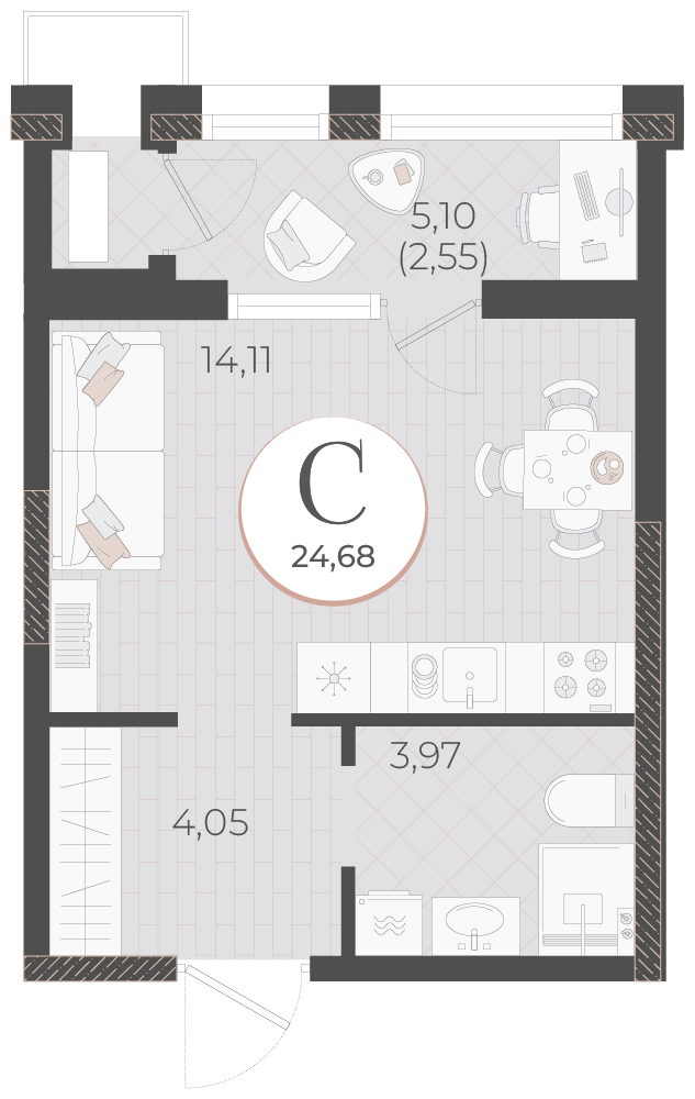 Планировка Студия 24,68 м²