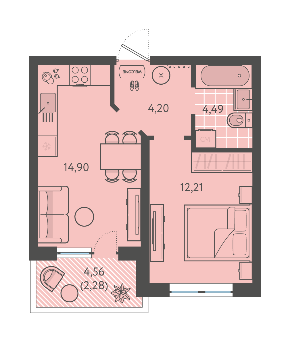 Планировка: 1-комн. квартира 38,1 м²