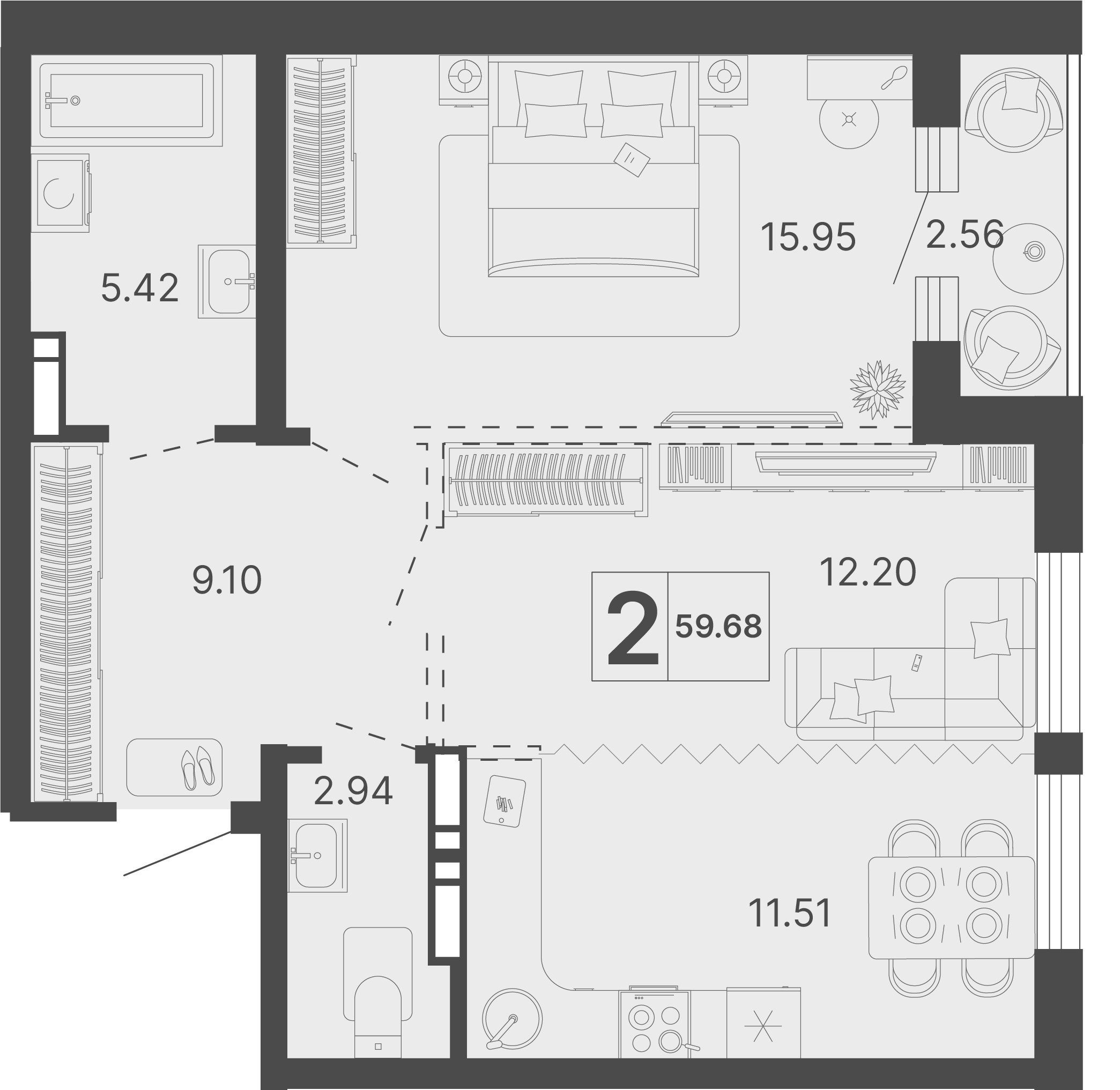 Планировка 2-комнатная 59,68 м²