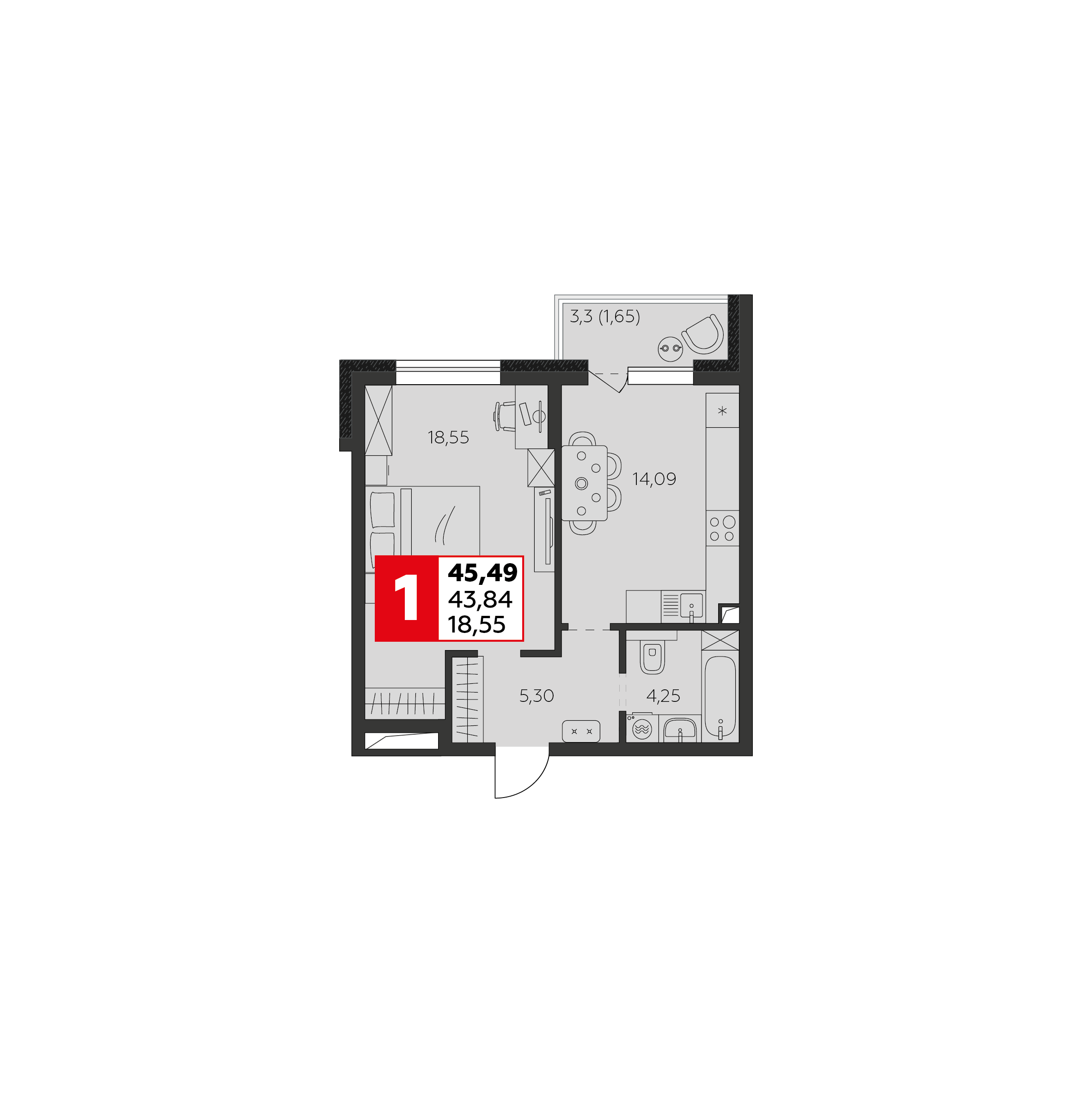 Планировка: 1-комн. квартира 43,8 м²