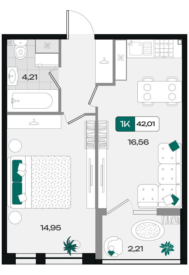 Планировка 1-комнатная 42,01 м²