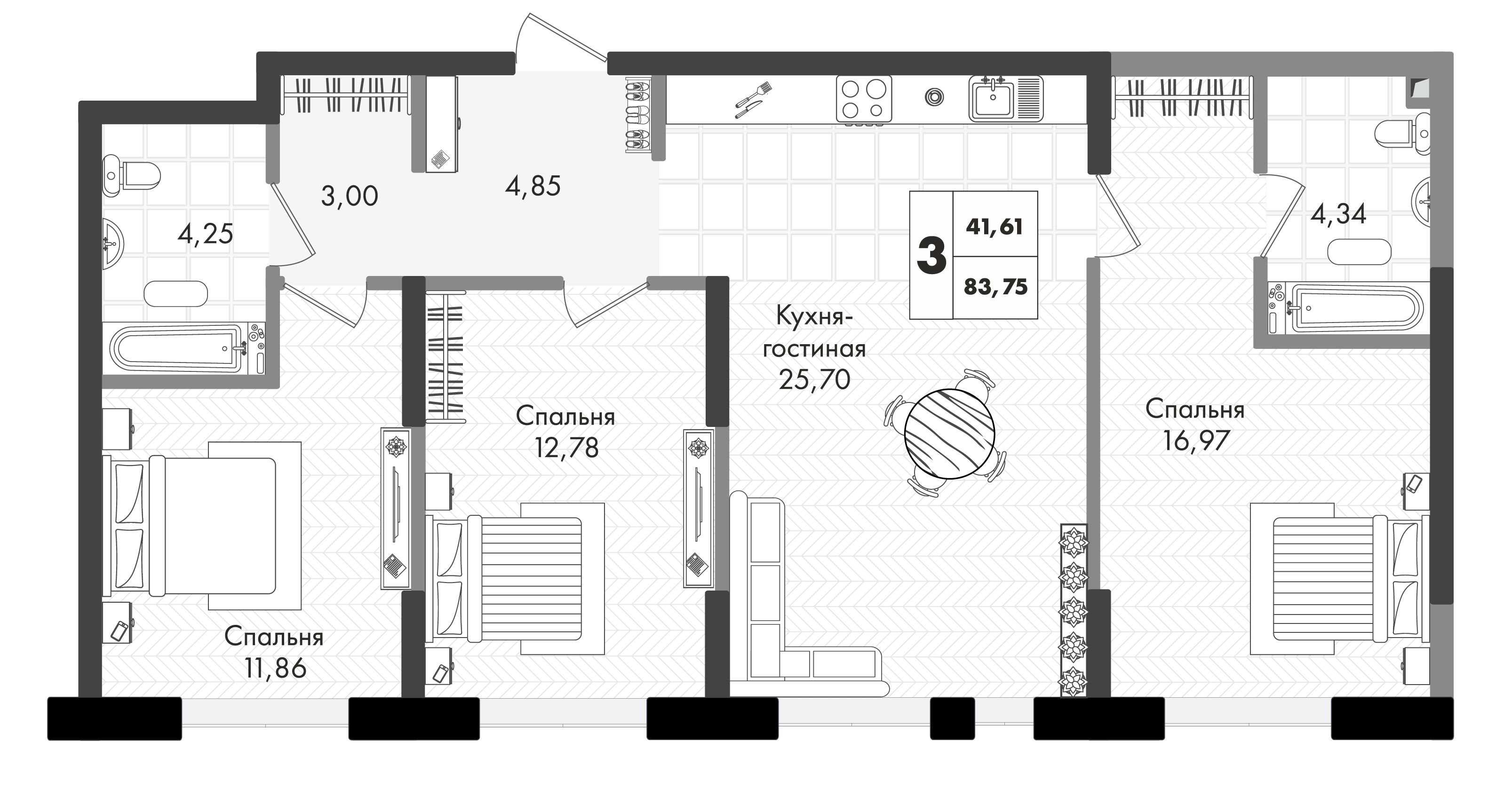 Планировка 3-комнатная 83,75 м²