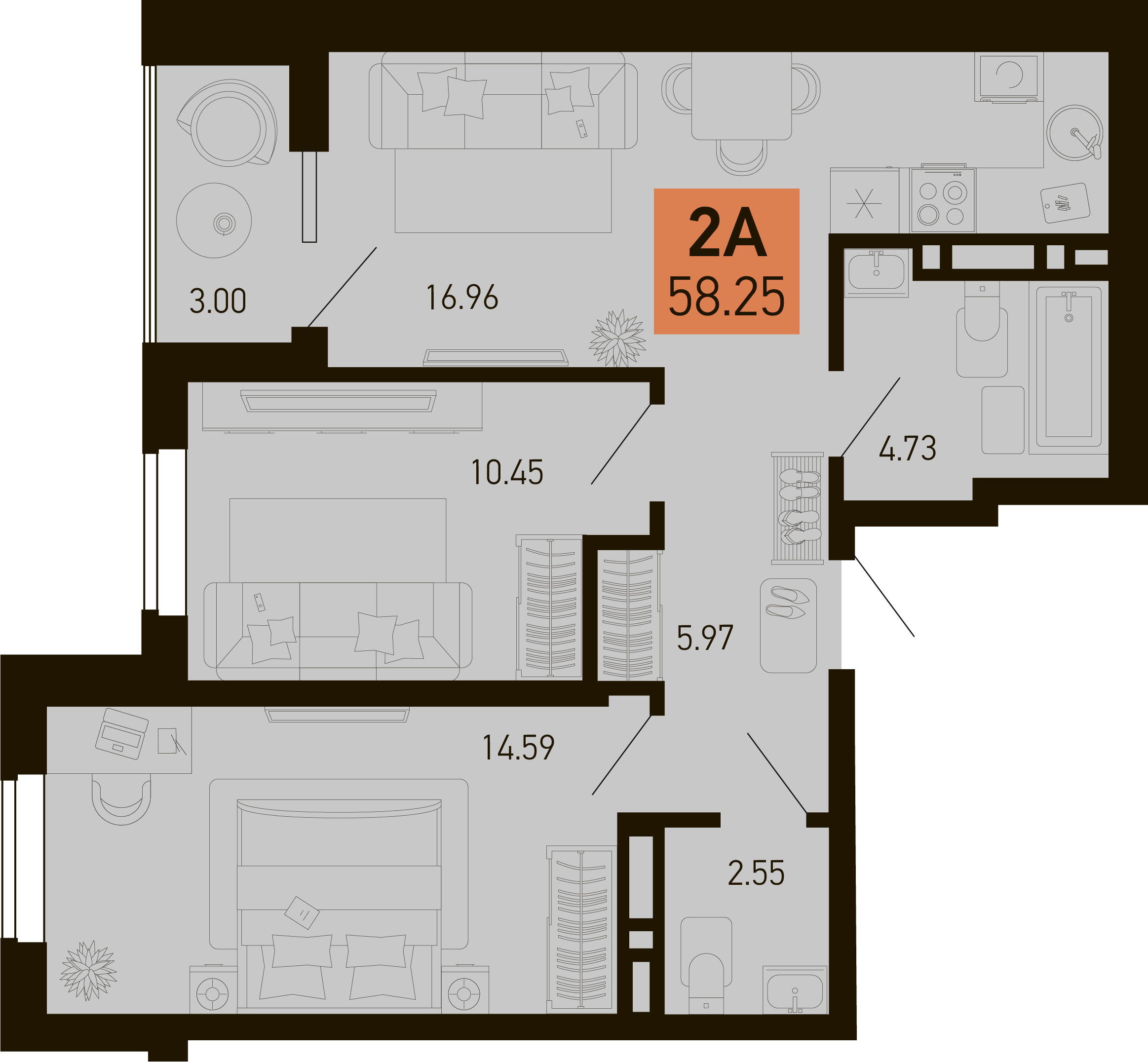 Планировка 2-комнатная 58,25 м²