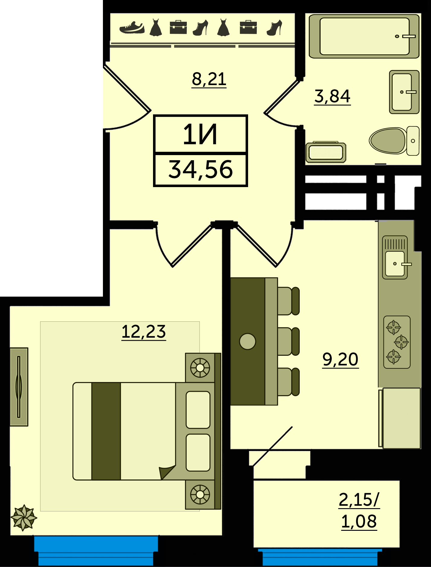 Планировка 1-комнатная 34,56 м²